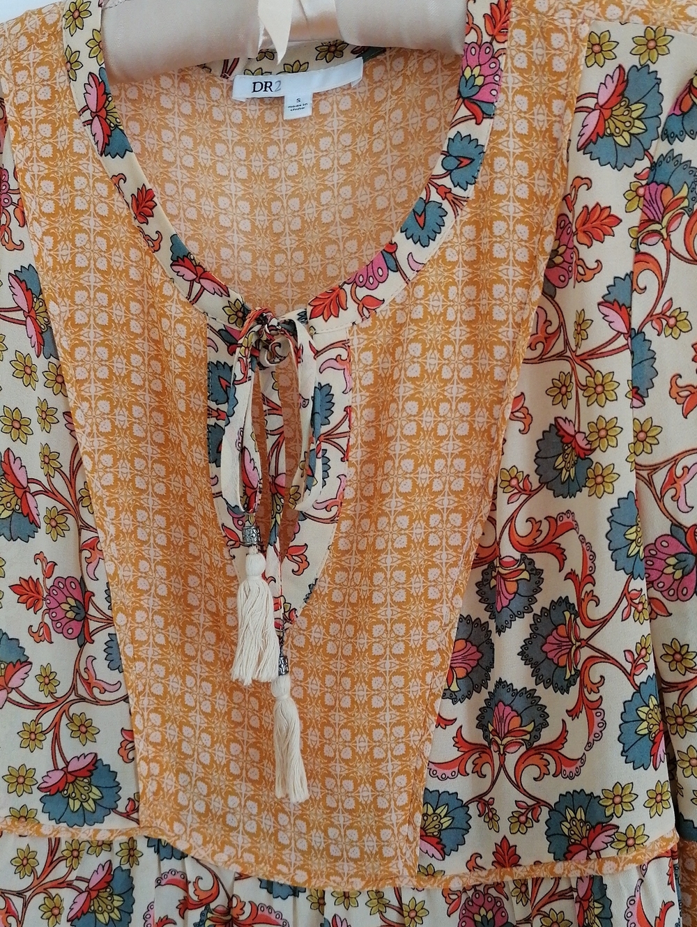DR2 Yellow & orange Floral Tie-Front Tunic blouse. Bright print for casual wear.
